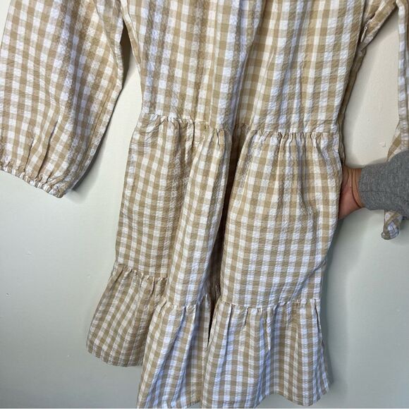 J Crew Seersucker ruffle neck mini dress Tan and White Tiered Gingham size 0 XS - Picture 7 of 12
